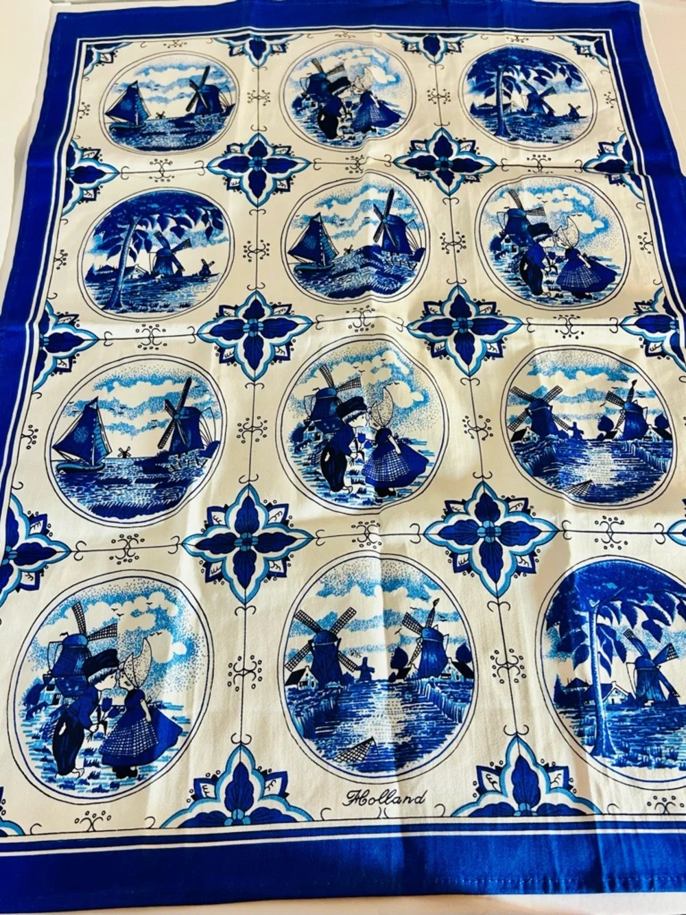 Vintage Dutch Holland Blue Windmill Tea Towel Delft Style
